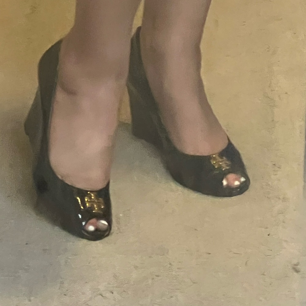 Tory Burch Black Patent Peep-Toe Wedge Pumps with Gold Logo